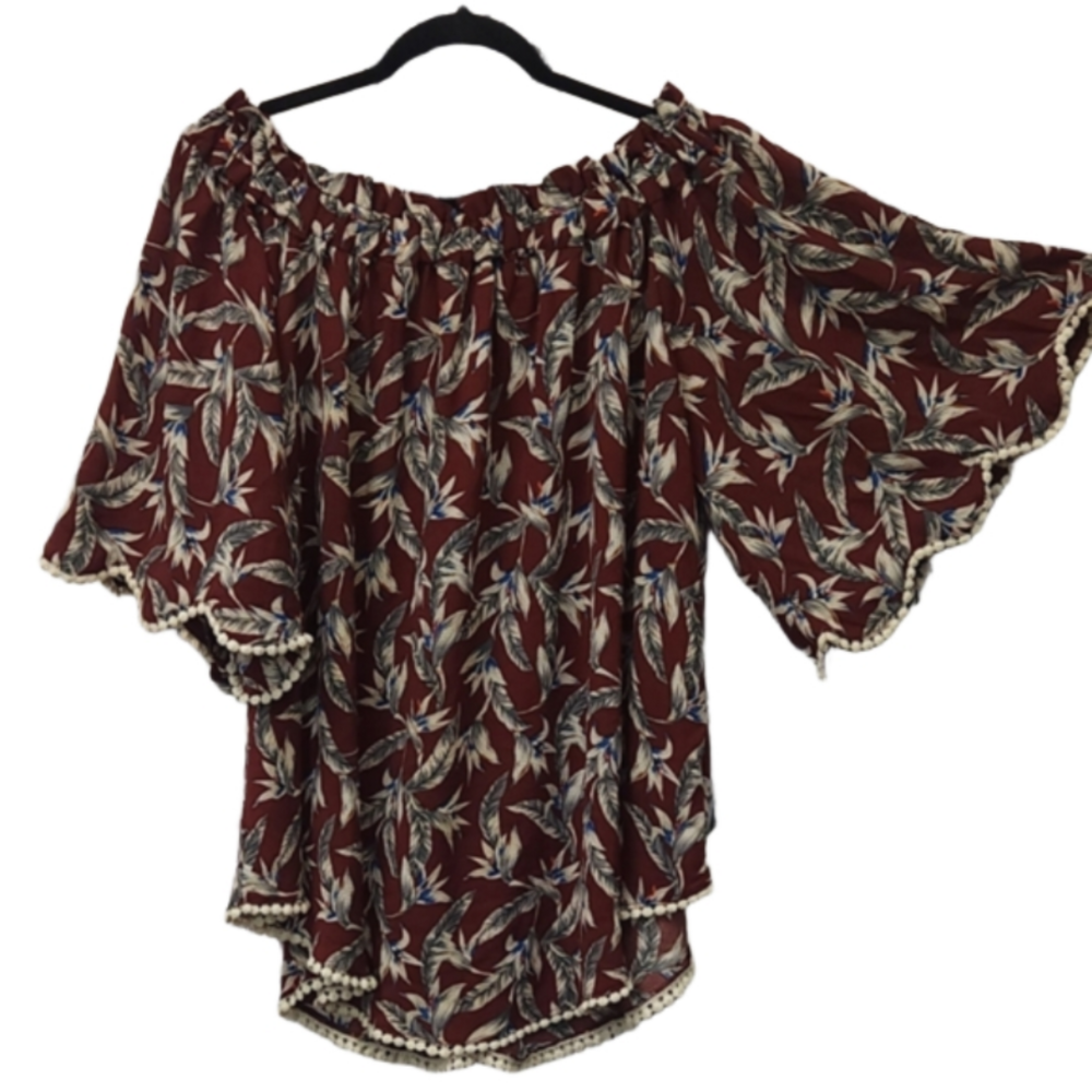 Umgee Boho Maroon floral Off Shoulder blouse XL half sleeve - Picture 2 of 5